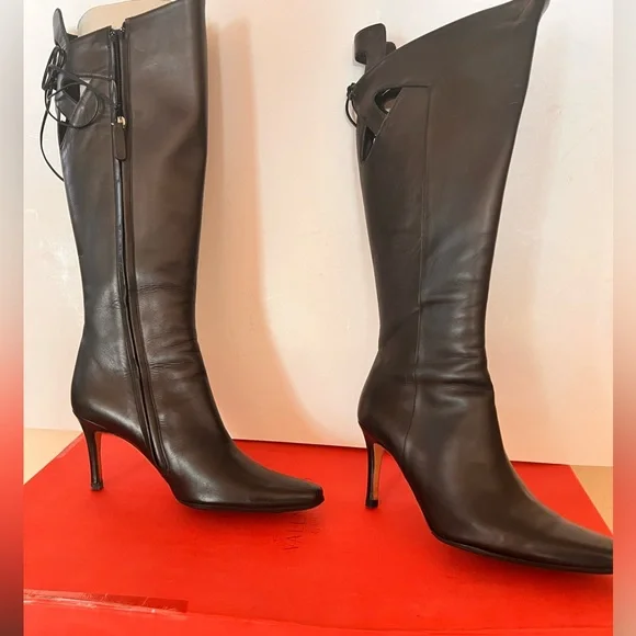 Valentino Gravani Leather Black Bow Italy tall Boots Italy Size 37.5 37 1/2 - Picture 1 of 13